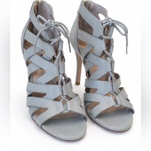 Pour La Victoire Gray Leather Lace-Up Strappy Heels Gold Zip Size 8M